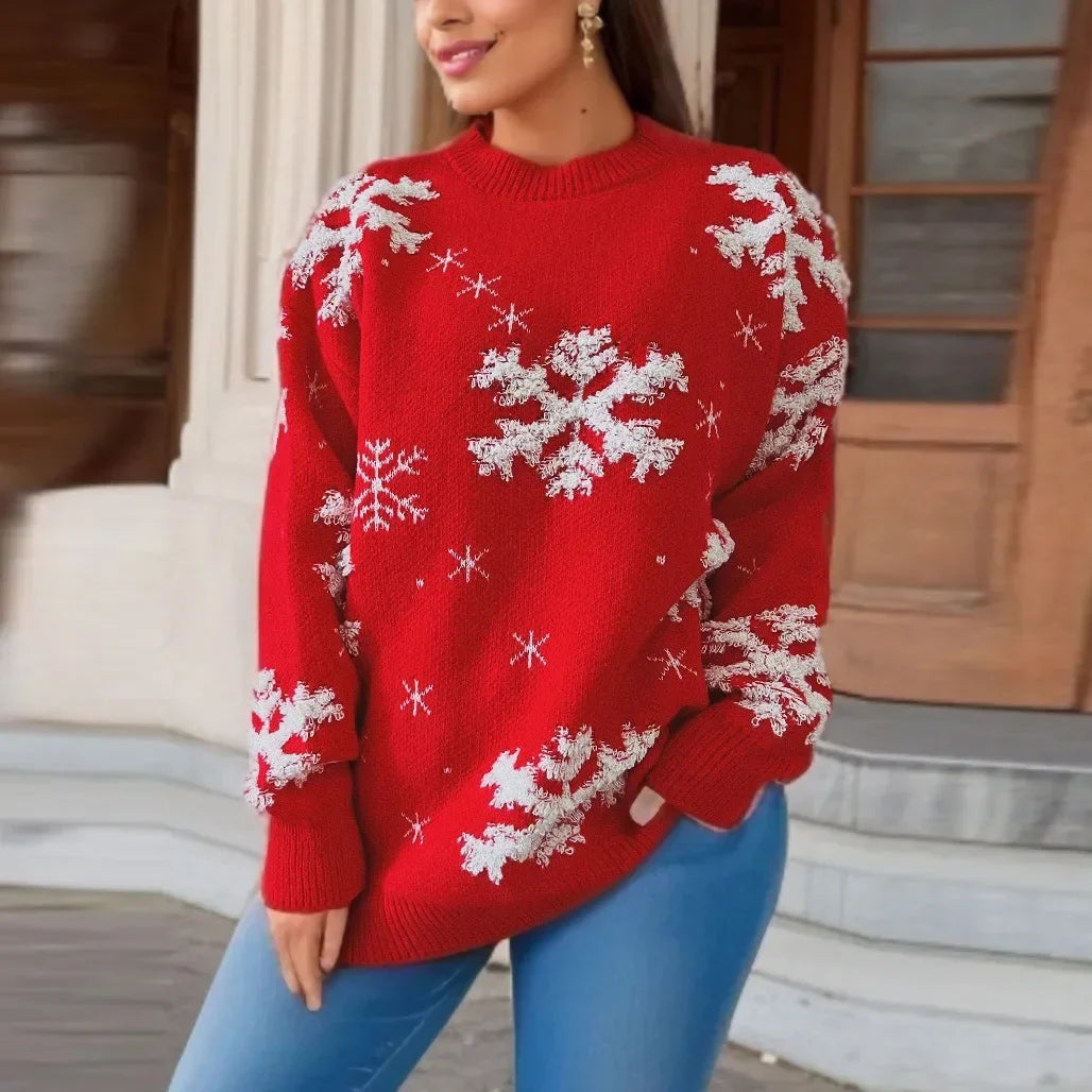 Snowflake Embroidered Round Neck Long Sleeve Crossbody Christmas Sweater Red / S Sweaters-L