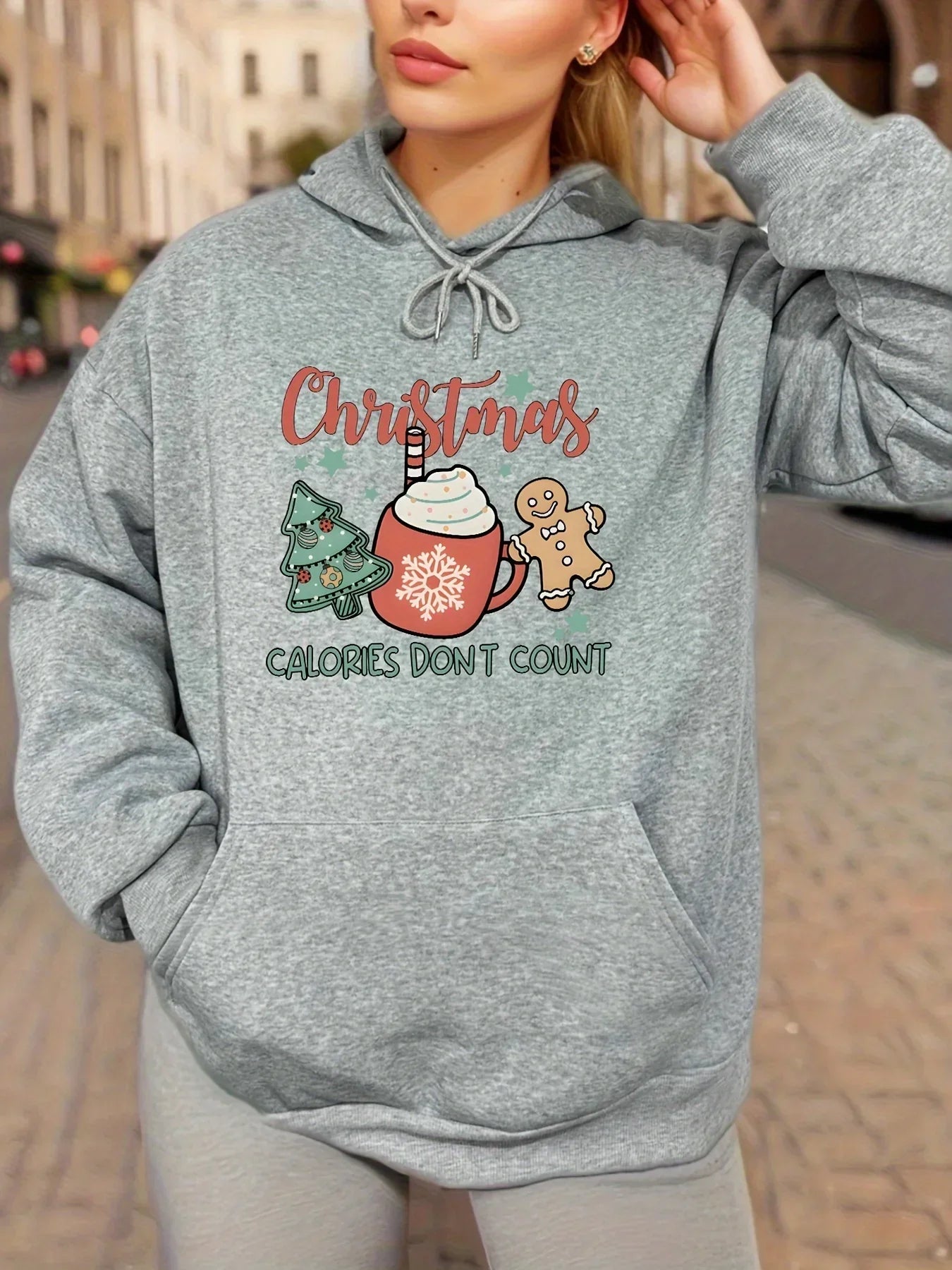 Fleece Lined Casual Drawstring Sports Christmas Tree Hoodie Gray / S Hoodies-L
