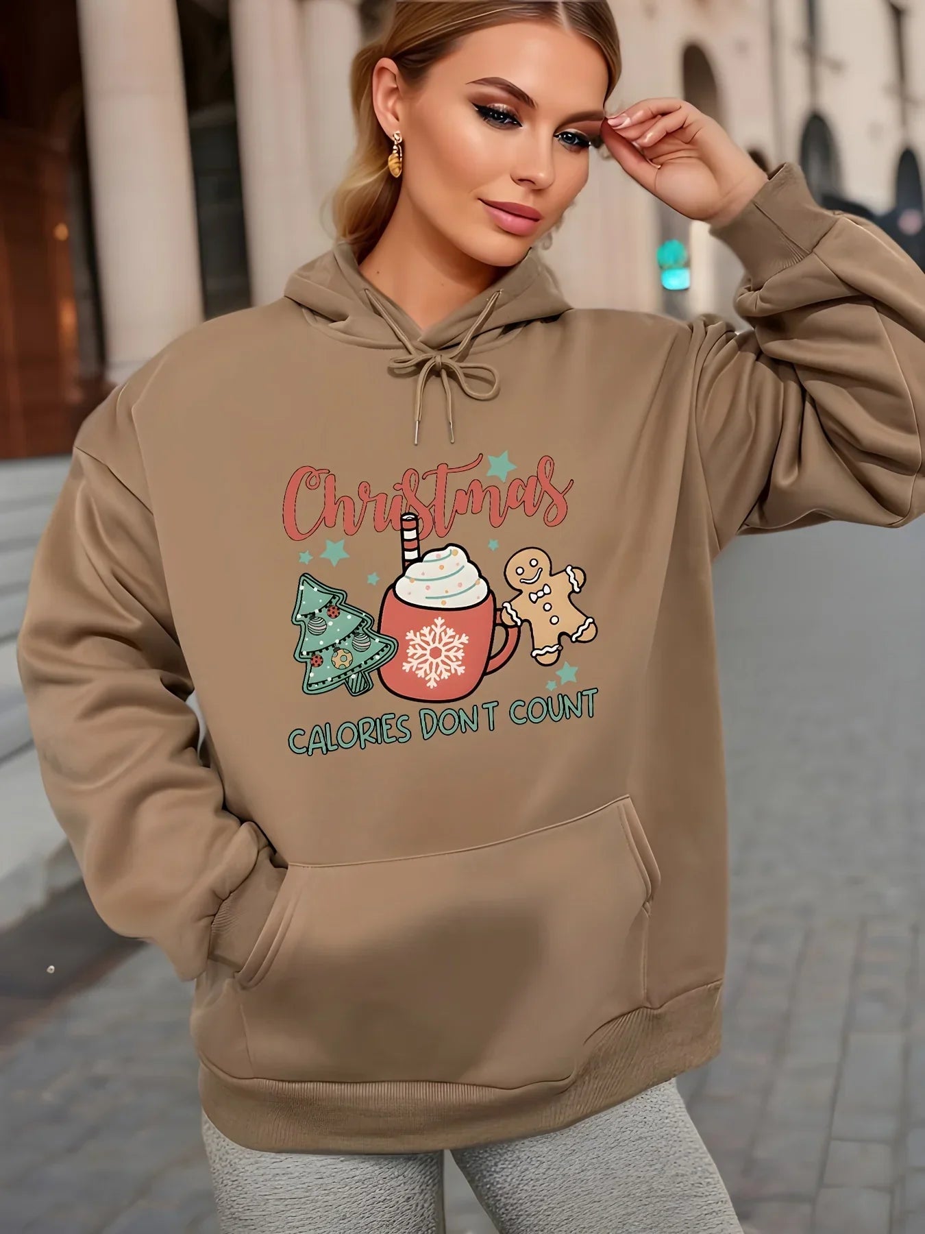 Fleece Lined Casual Drawstring Sports Christmas Tree Hoodie Brown / S Hoodies-L