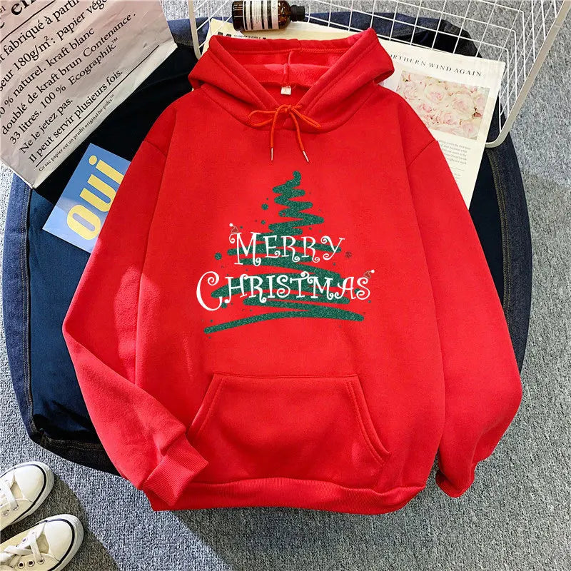 Sporty Printed Casual Long Sleeve Christmas Hoodie For Women Red / S Hoodies-L