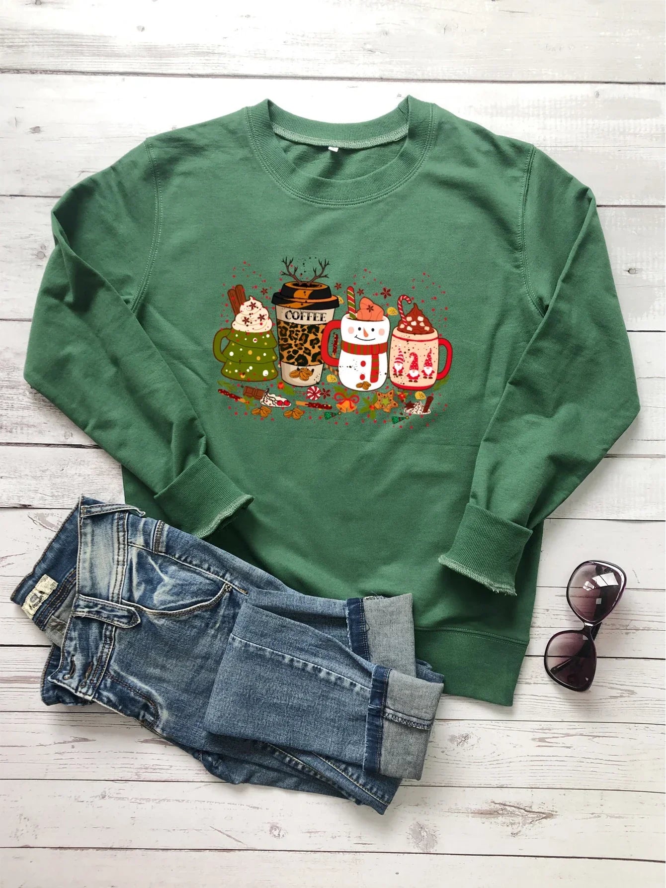 Colored Coffee Party Aesthetic Pure Cotton Jumper Graphic Christmas Hoodie Green / S Hoodies-L