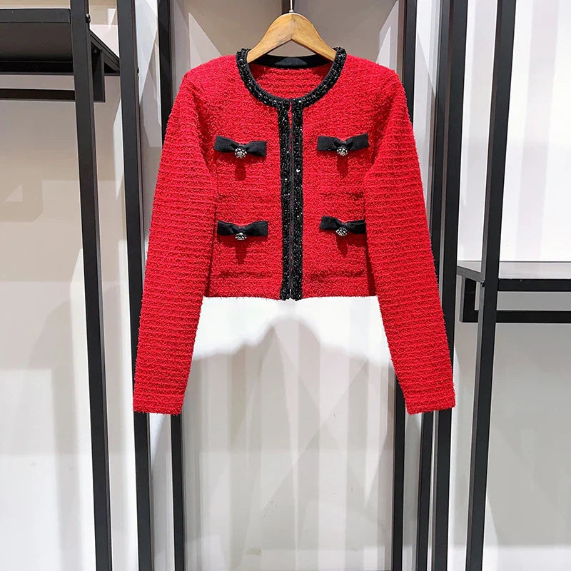 Contrast Bow Sequins Slim Knit Set Cardigan Red Top / S Cardigan-241208
