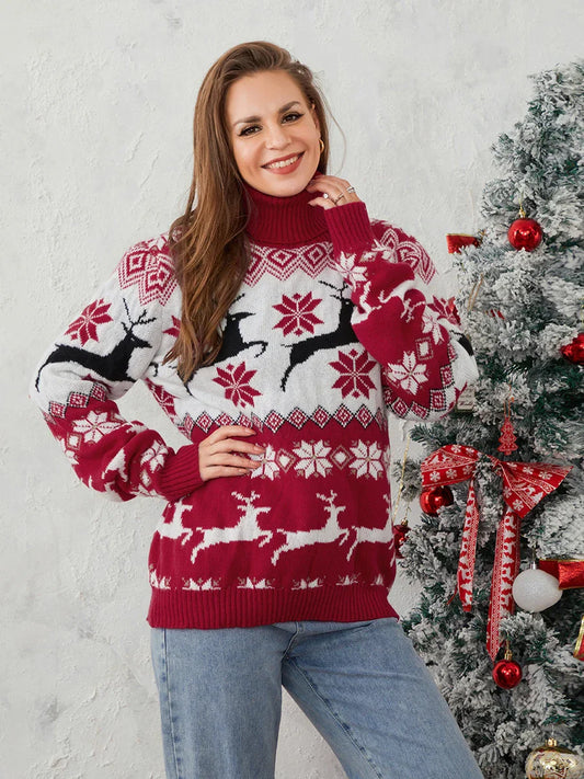 Couples Elk Print Long Sleeve Turtleneck Warm Knitted Christmas Sweater Sweaters-L