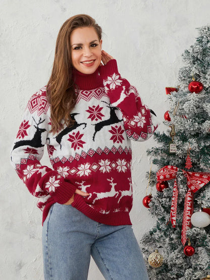 Couples Elk Print Long Sleeve Turtleneck Warm Knitted Christmas Sweater Sweaters-L