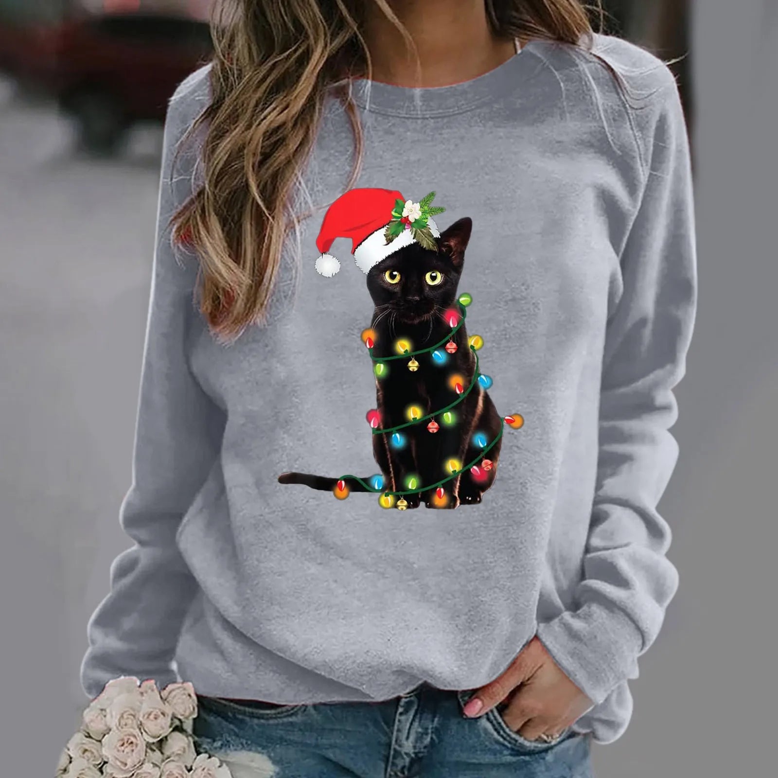 Cartoon Red Hat Black Cat Casual Long-Sleeved Crewneck Christmas Hoodie Grey / S Hoodies-L