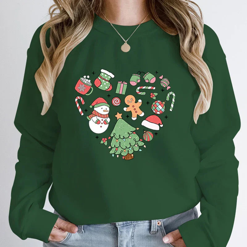 Cute Heart Tree Snowman Fashion Loose Round Neck Christmas Hoodie Army Green / S Hoodies-L