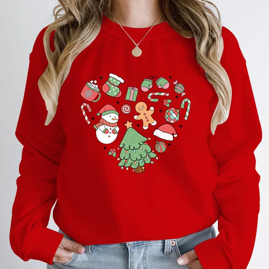 Cute Heart Tree Snowman Fashion Loose Round Neck Christmas Hoodie Red / S Hoodies-L