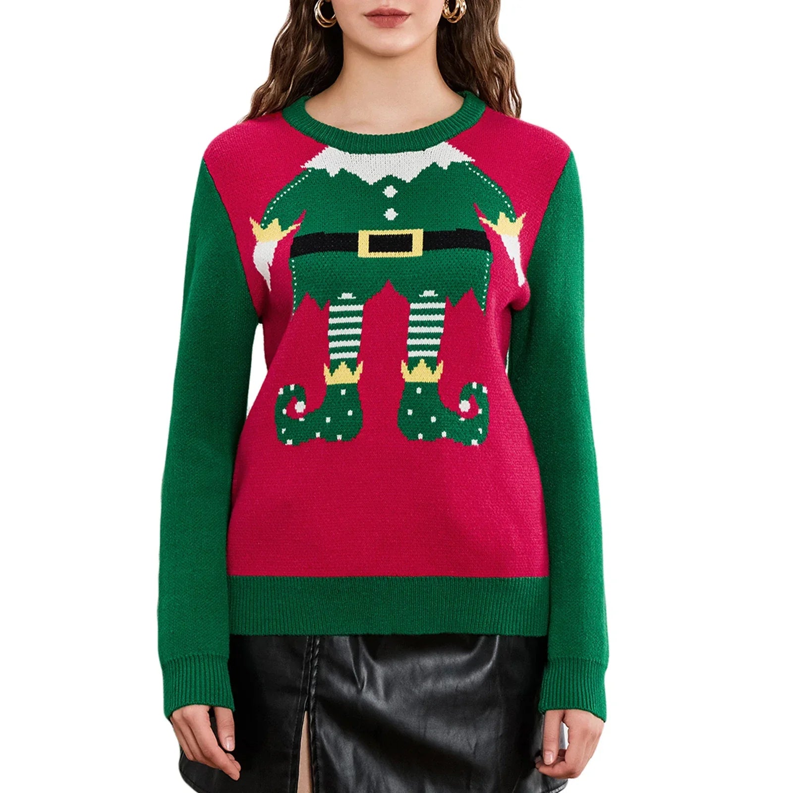 Cute Trendy Elf Legs Print Crew Neck Warm Fall Winter Streetwear Christmas Sweater Green 1 / S
