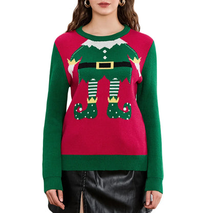 Cute Trendy Elf Legs Print Crew Neck Warm Fall Winter Streetwear Christmas Sweater Green 1 / S