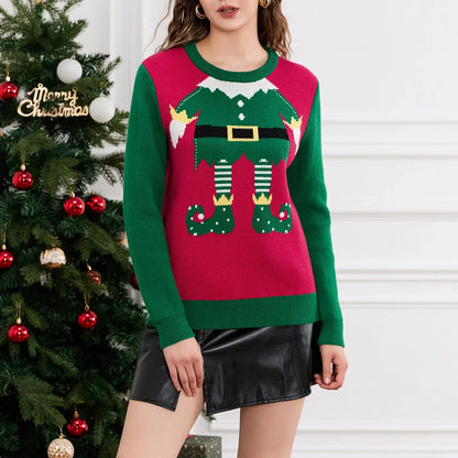 Cute Trendy Elf Legs Print Crew Neck Warm Fall Winter Streetwear Christmas Sweater Sweaters-L