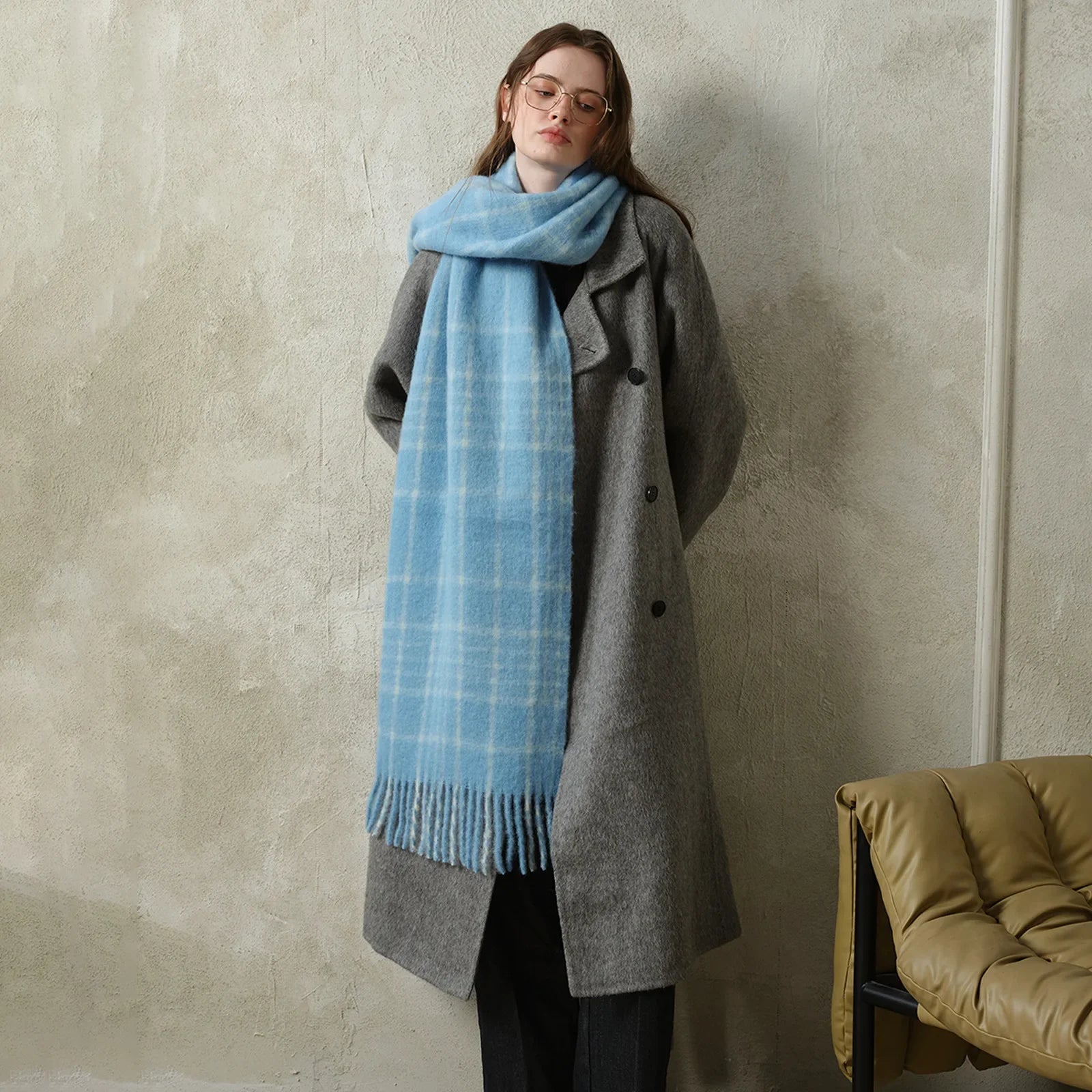 Korean Premium 30% Wool Red Plaid Tassels Mohair Warm Scarf Scarfs-L