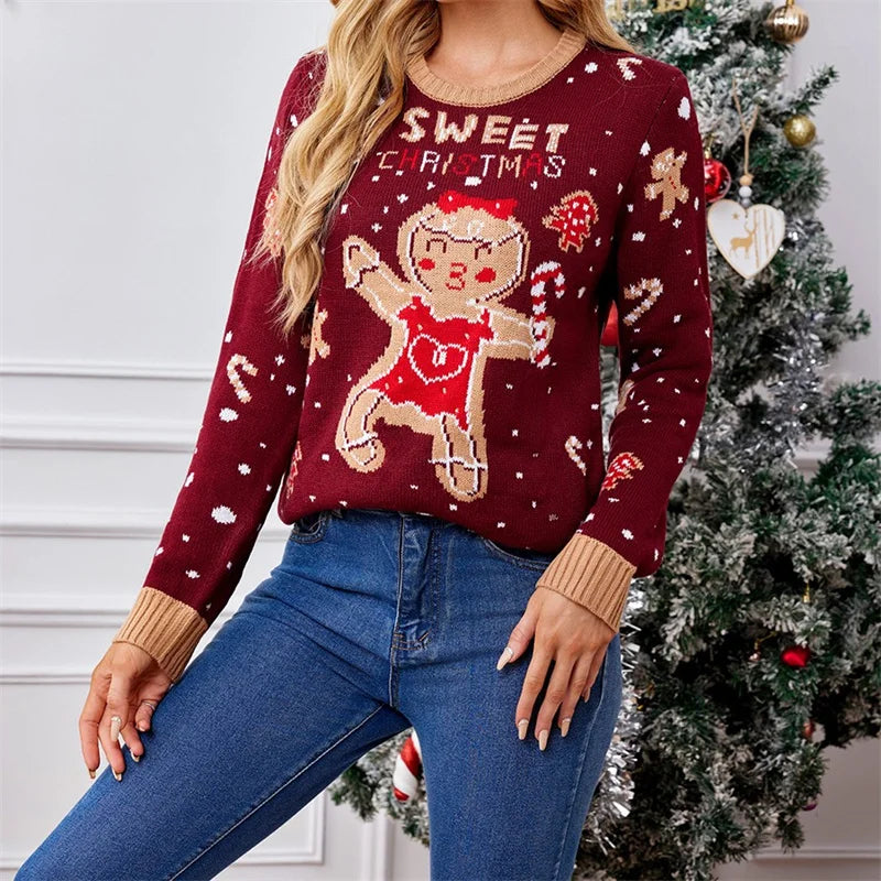 Casual Christmas Print Long Sleeve Knit Sweater Red 2 / S Sweaters-L