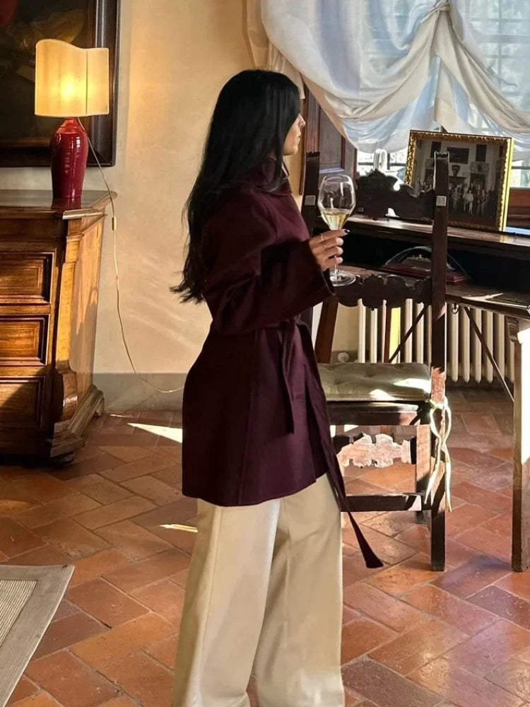 Burgundy Lace-Up Wool Coat Coats-241208
