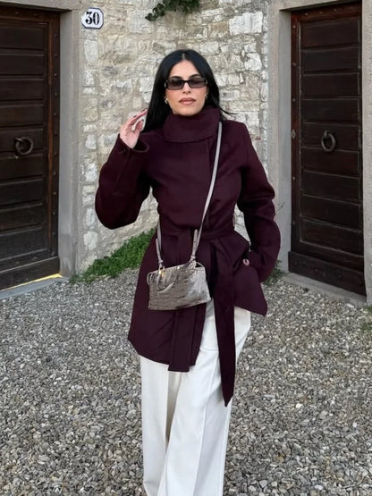 Burgundy Lace-Up Wool Coat Coats-241208