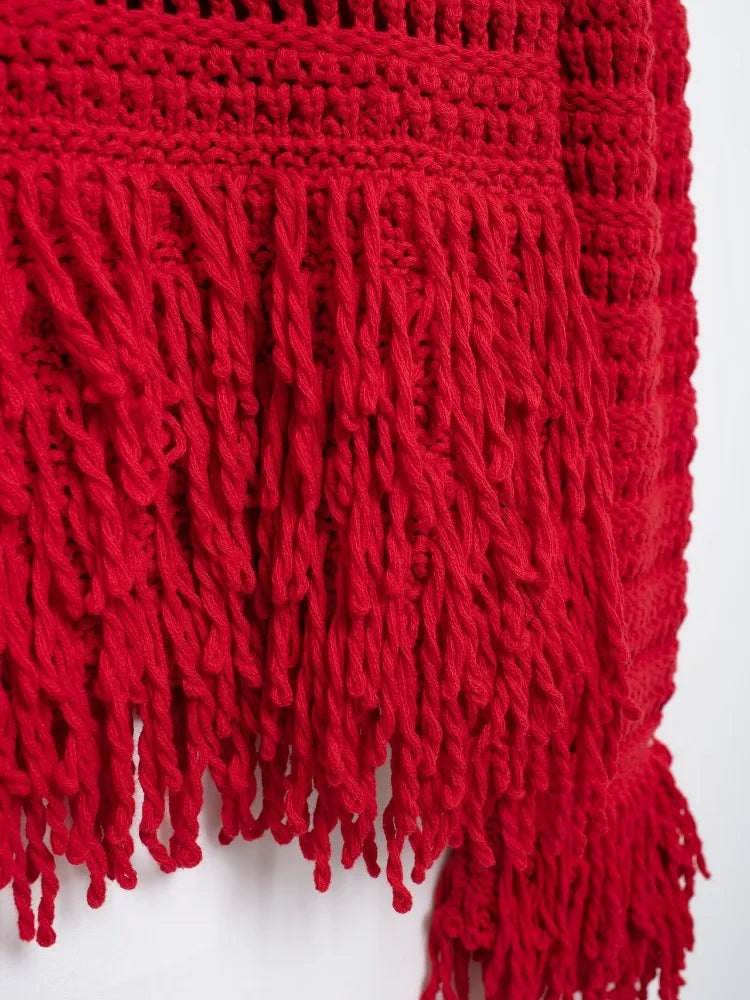 Elegant Hollow Out Sexy Long Sleeve O-Neck Red Christmas Sweater Sweaters-L