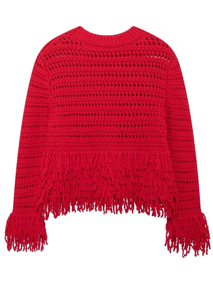 Elegant Hollow Out Sexy Long Sleeve O-Neck Red Christmas Sweater Sweaters-L