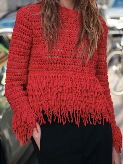 Elegant Hollow Out Sexy Long Sleeve O-Neck Red Christmas Sweater Sweaters-L