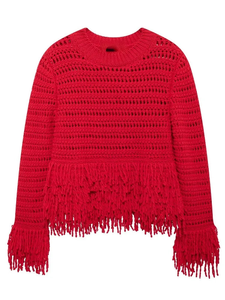 Elegant Hollow Out Sexy Long Sleeve O-Neck Red Christmas Sweater / S Sweaters-L