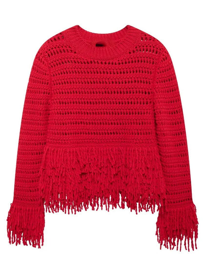 Elegant Hollow Out Sexy Long Sleeve O-Neck Red Christmas Sweater / S Sweaters-L