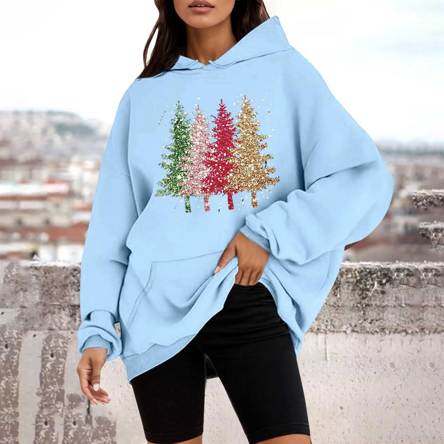 Loose Pullover Four Christmas Tree Crewneck New Autumn Hoodie Sky Blue-A / M Hoodies-L