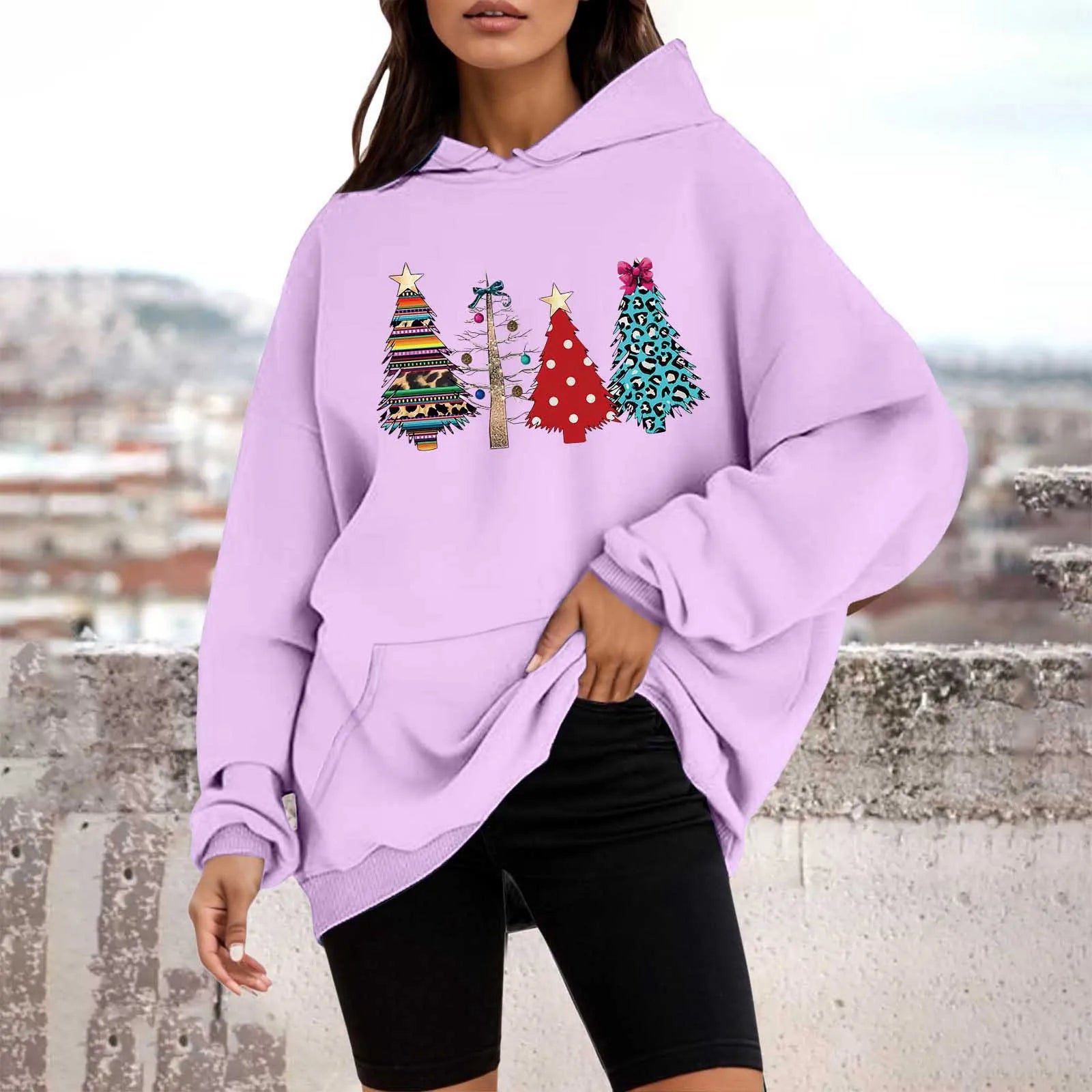 Loose Pullover Four Christmas Tree Crewneck New Autumn Hoodie Light Purple-B / M Hoodies-L