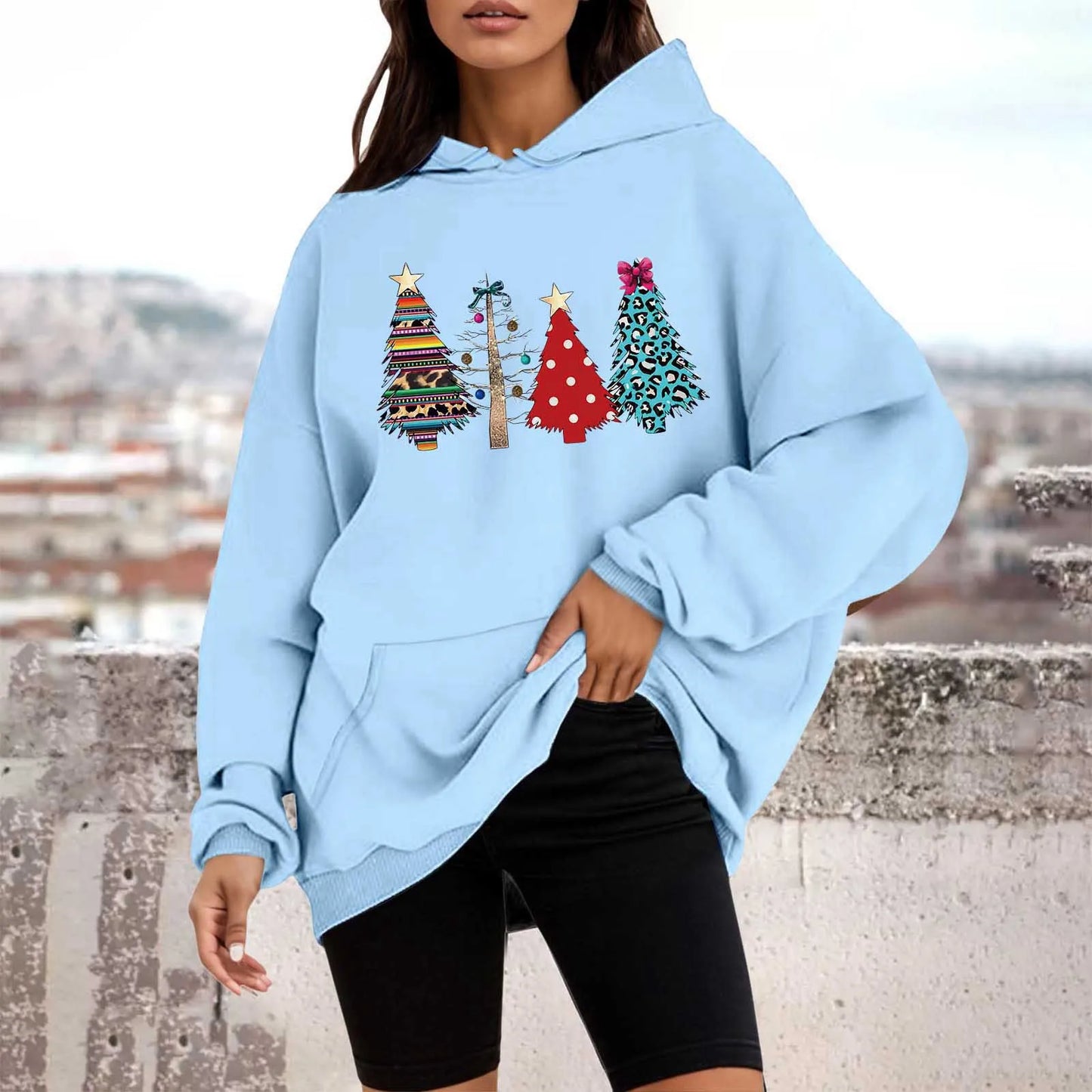 Loose Pullover Four Christmas Tree Crewneck New Autumn Hoodie Sky Blue-B / M Hoodies-L