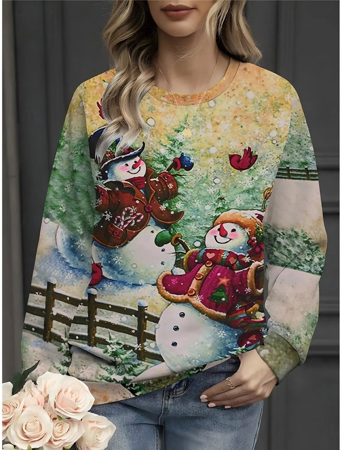 Elegant Casual Loose Round Neck Outdoor Autumn Winter Christmas Tree Hoodie Hoodies-L