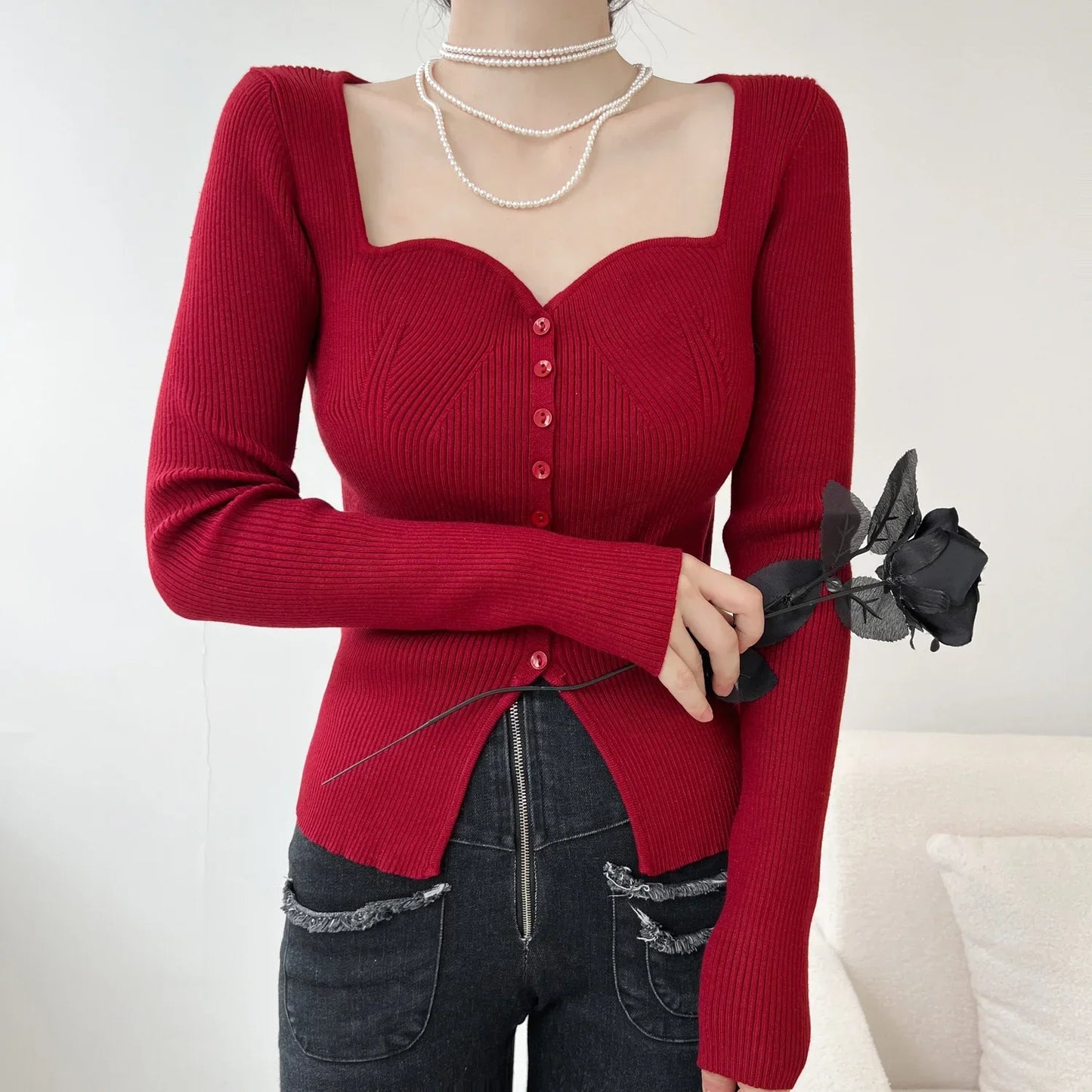 Vintage Long Sleeve Square Collar Slim Fashion Red Christmas Sweater Sweaters-L