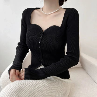 Vintage Long Sleeve Square Collar Slim Fashion Red Christmas Sweater Sweaters-L