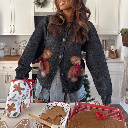 Santa Snowman Embroidery Cardigan Black / S Cardigan-241208