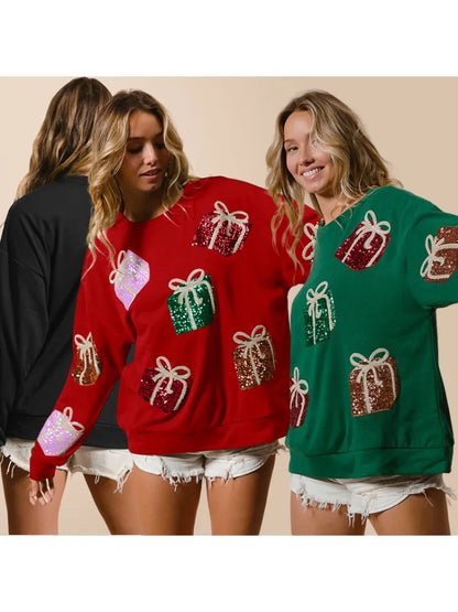Glitter Patchwork Vintage Harajuku Slim Streetwear Long Sleeve Christmas Hoodie Hoodies-L