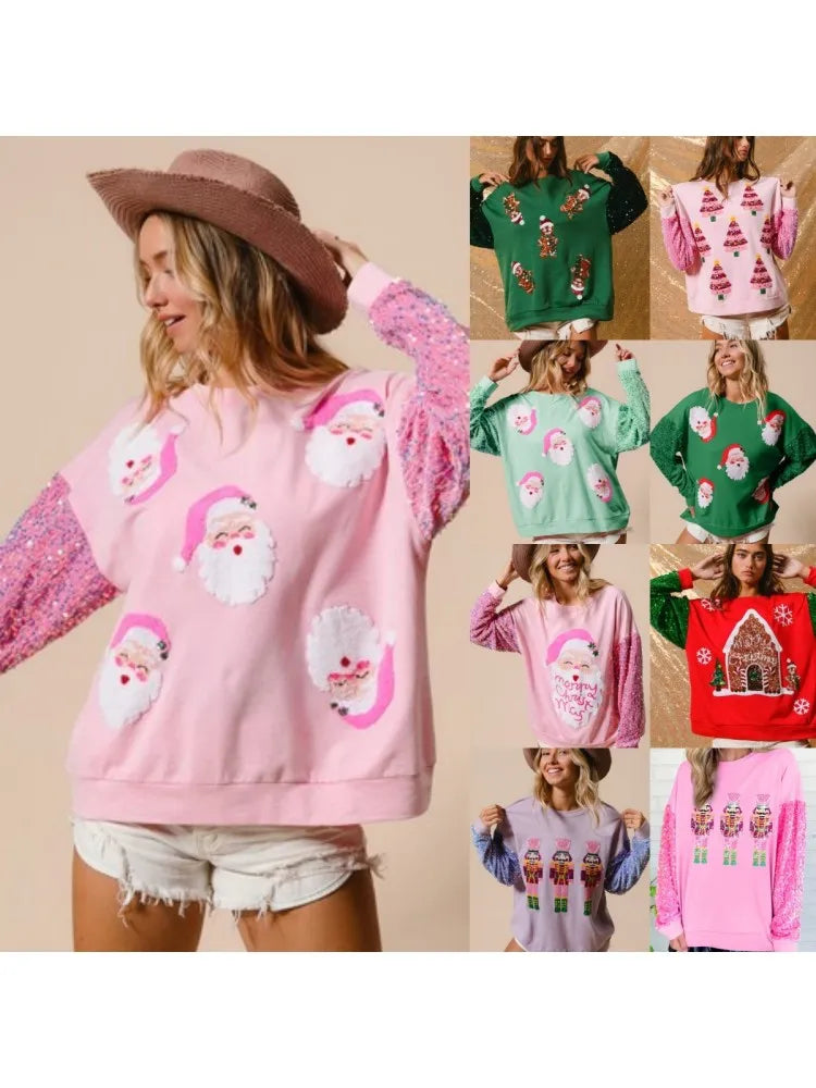 Glitter Patchwork Vintage Harajuku Slim Streetwear Christmas Hoodie Hoodies-L