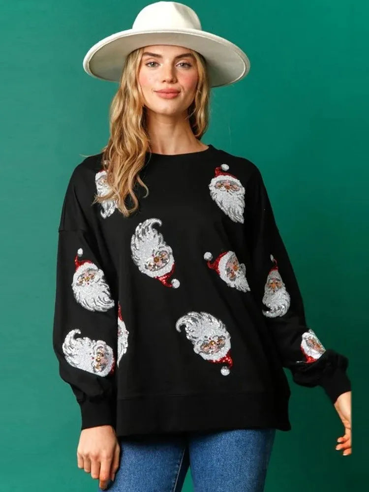 Glitter Patchwork Vintage Harajuku Slim Long Sleeve Streetwear Christmas Hoodie Hoodies-L