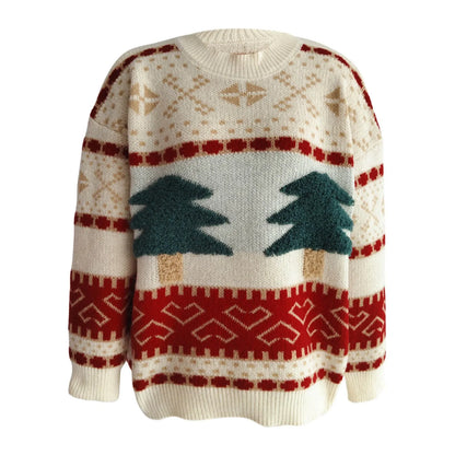 Fashion Tree Embroidery Casual Loose Retro Green Christmas Sweater Sweaters-L