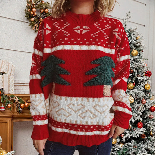 Fashion Tree Embroidery Casual Loose Retro Green Christmas Sweater Red / S Sweaters-L
