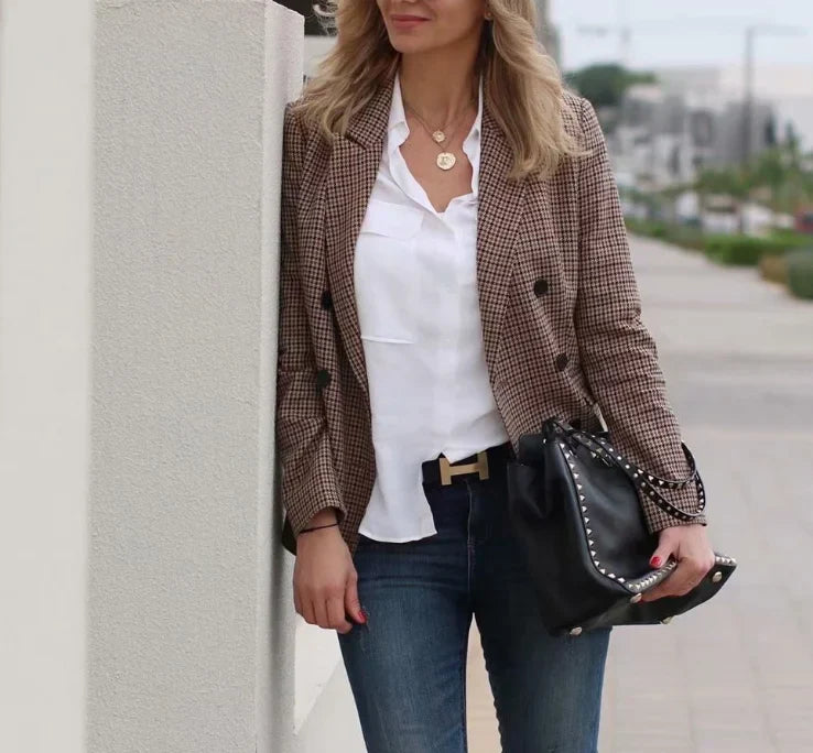 Fall women blazer jacket ladies tops office wear women korean plaid blazer vintage orange long blazer coat streetwear