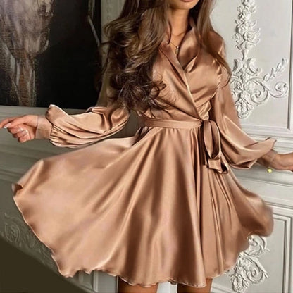 V-Neck Belt Satin Mini Dress Autumn Fashion Lantern Sleeve Comfort Night Club A-Line Party Dresses For Women