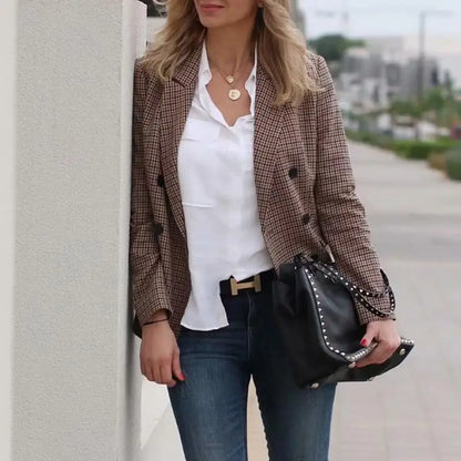 Fall women blazer jacket ladies tops office wear women korean plaid blazer vintage orange long blazer coat streetwear