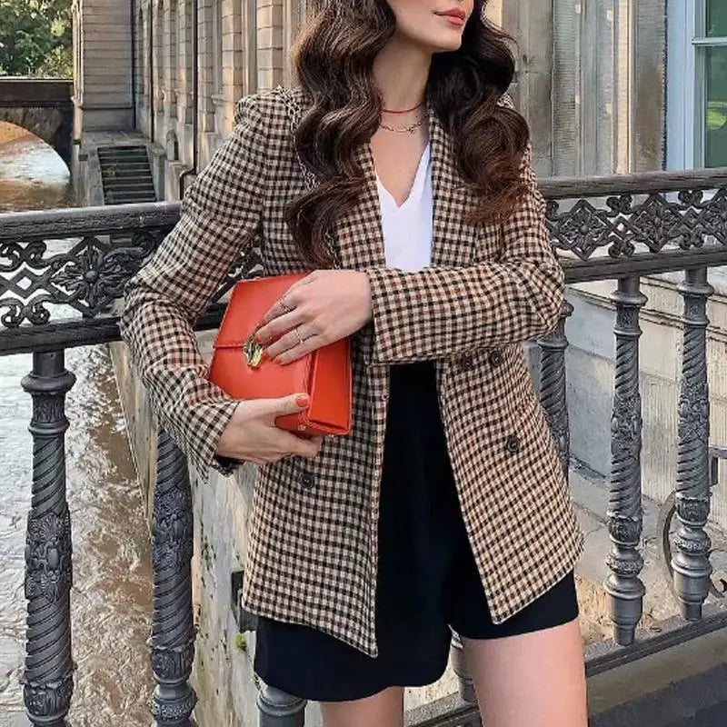 Fall women blazer jacket ladies tops office wear women korean plaid blazer vintage orange long blazer coat streetwear