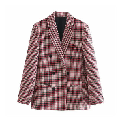 Fall women blazer jacket ladies tops office wear women korean plaid blazer vintage orange long blazer coat streetwear