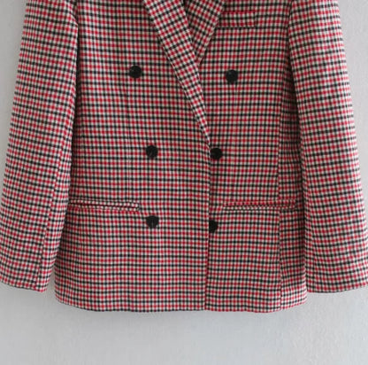 Fall women blazer jacket ladies tops office wear women korean plaid blazer vintage orange long blazer coat streetwear