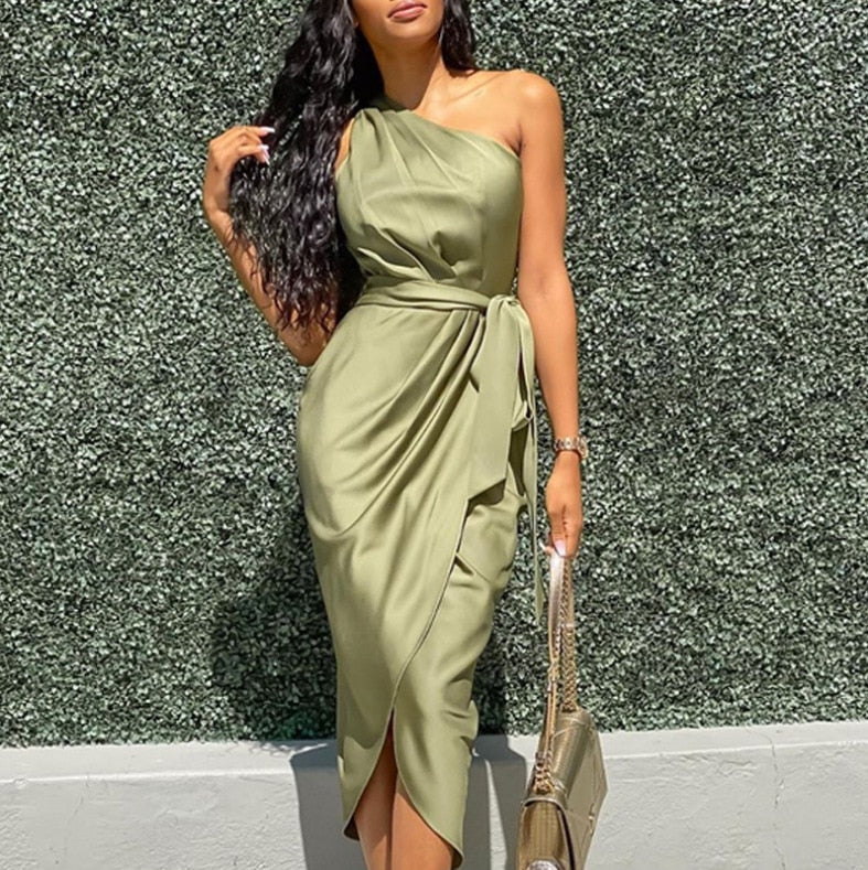 Women One Shoulder Sleeveless Long Dress Summer Elegant Irregular Evening Party Dress Green Sashes Female Split Vestidos