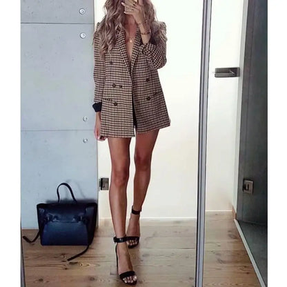 Fall women blazer jacket ladies tops office wear women korean plaid blazer vintage orange long blazer coat streetwear