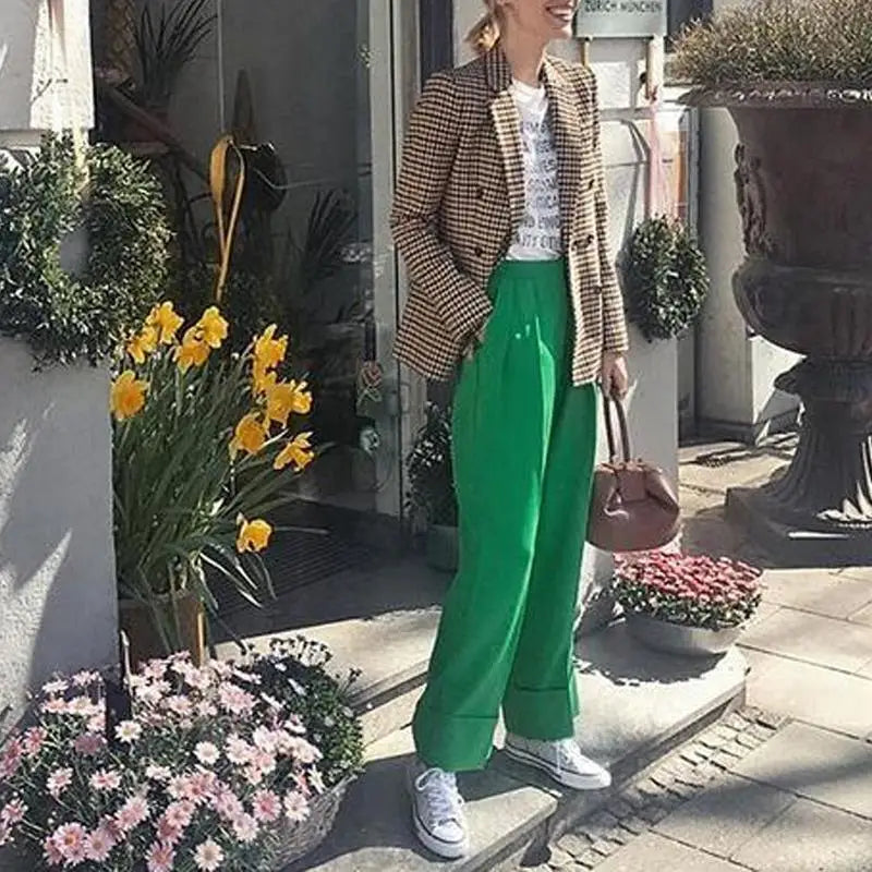 Fall women blazer jacket ladies tops office wear women korean plaid blazer vintage orange long blazer coat streetwear