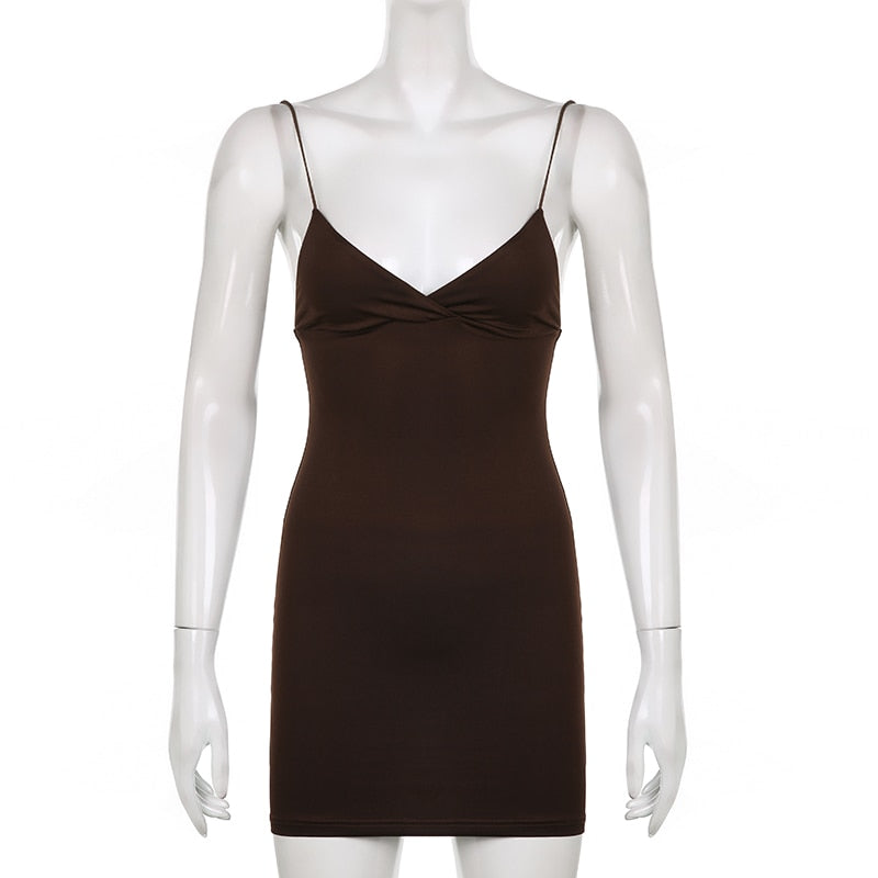 Vintage Brown Women Bodycon Dress Sexy V Neck Sleeveless Party Mini Dresses Solid Basic Backless Streetwear Outfits