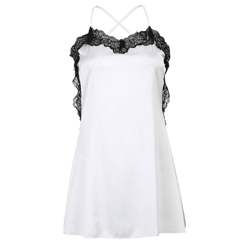 V Neck Lace Trim A-Line Satin White Dress Fashion Strap Mini Summer Dress Female  Backless Party Sexy Dresses Vestido