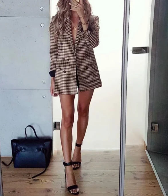 Fall women blazer jacket ladies tops office wear women korean plaid blazer vintage orange long blazer coat streetwear