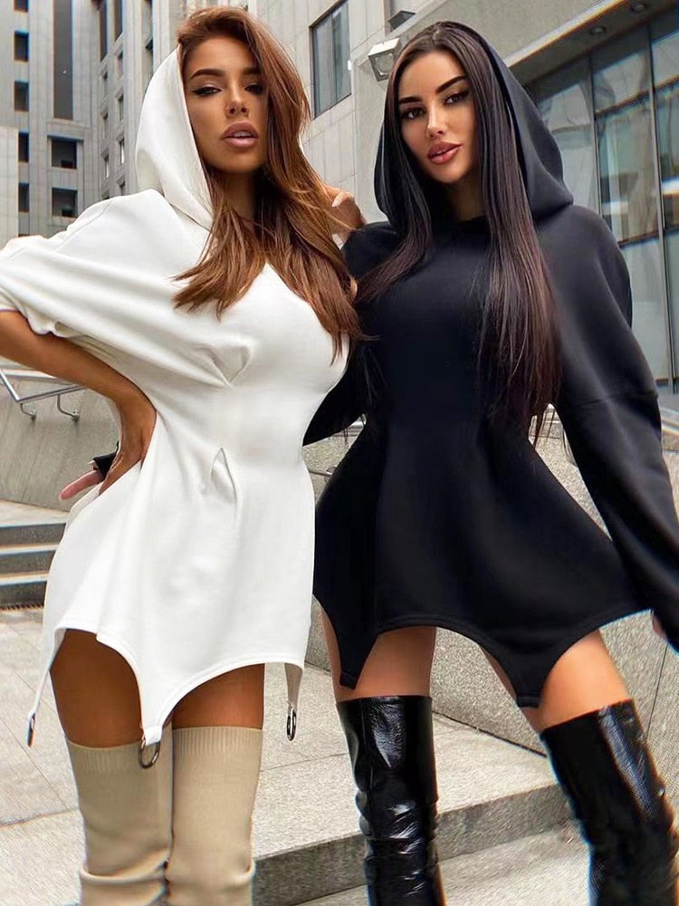 Tossy Fashion Hooded Dress For Women White Waist Wrap Bodycon Mini Dress Spring Long Sleeve Hoodies Sweatshirt Dresses