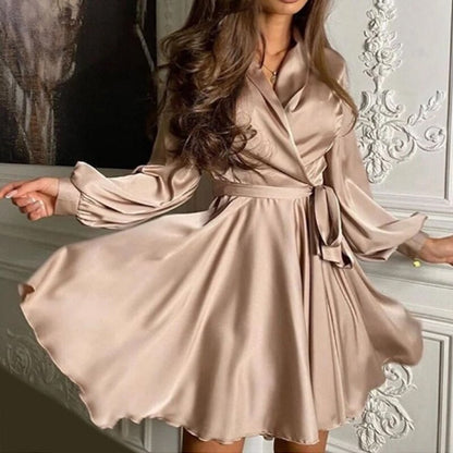 V-Neck Belt Satin Mini Dress Autumn Fashion Lantern Sleeve Comfort Night Club A-Line Party Dresses For Women