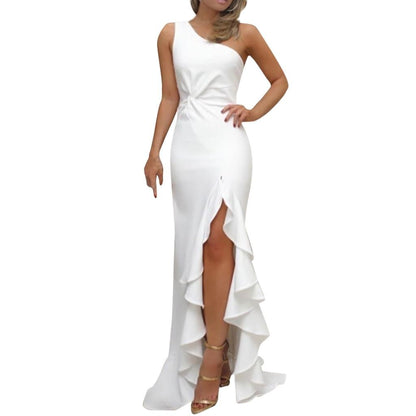 Women High Split Maxi Dresses Sexy One Shoulder Ruffles Long Dress Wedding Elegant Off Shoulder Evening Party Dresses Hot